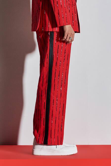 Line Out Line_Red Cotton Poly Blend Embroidery Straight Pants_at_Aza_Fashions
