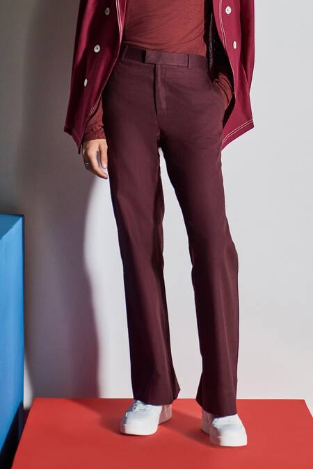 Line Out Line_Maroon Cotton Linen Bell Bottoms_Online_at_Aza_Fashions