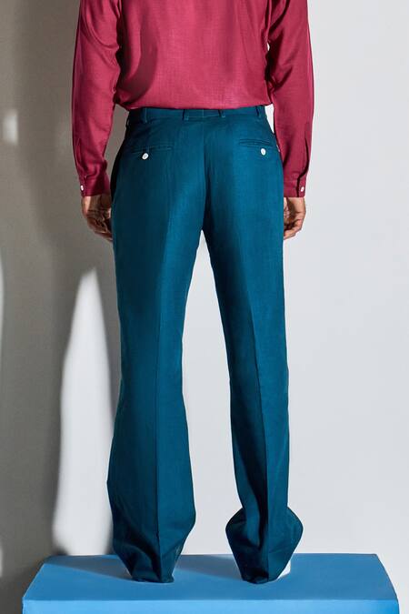 Buy_Line Out Line_Blue Cotton Linen Bell Bottoms _Online_at_Aza_Fashions