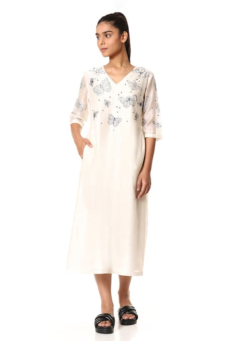 Abraham & Thakore White Chanderi Silk Embroidery Butterfly V Neck Dress 