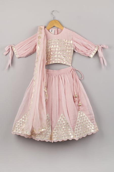 P & S CO Pink Chanderi Lace, Embroidery Lehenga Set