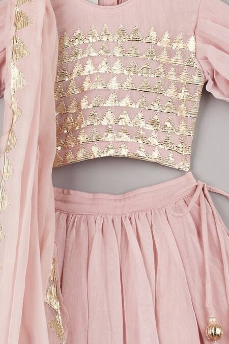 P & S CO_Pink Chanderi Lace, Embroidery Lehenga Set _Online_at_Aza_Fashions
