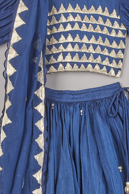 P & S CO_Blue Chanderi Lace, Embroidery Lehenga Set _Online_at_Aza_Fashions