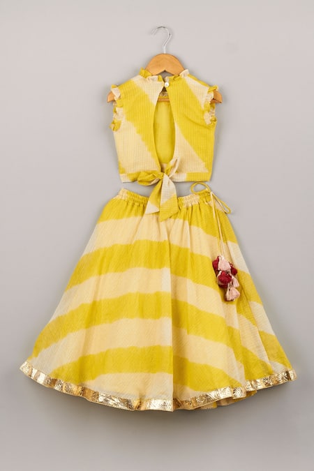Shop_P & S CO_Yellow Kota Doria Embroidery, Zari Silk Leheriya Choli And Lehenga Set _at_Aza_Fashions