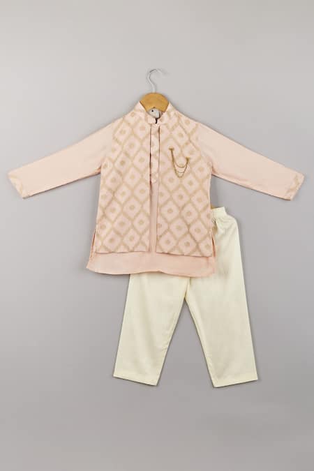 P & S Co Peach Silk Geometric Motifs Kurta With Attached Jacket And Pant Set 