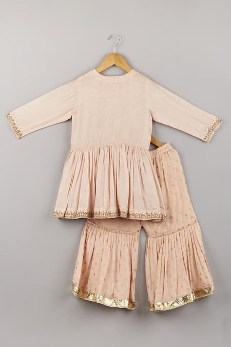 Shop P & S CO Pink Silk, Muslin Lace, Sequins Embroidered Peplum Kurta And Sharara Set at Aza Fashions Shop_P & S CO_Pink Silk, Muslin Lace, Sequins Embroidered Peplum Kurta And Sharara Set _at_Aza_Fashions