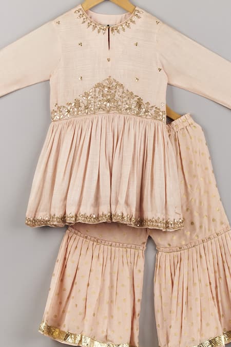 P & S CO Pink Silk, Muslin Lace, Sequins Embroidered Peplum Kurta And Sharara Set Online at Aza Fashions P & S CO_Pink Silk, Muslin Lace, Sequins Embroidered Peplum Kurta And Sharara Set _Online_at_Aza_Fashions