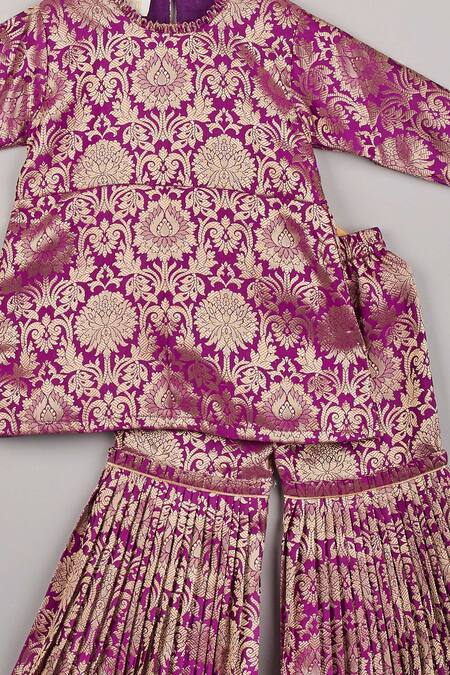 P & S CO_Purple Organza, Muslin Embroidery Floral Brocade Kurta And Sharara Set _Online_at_Aza_Fashions
