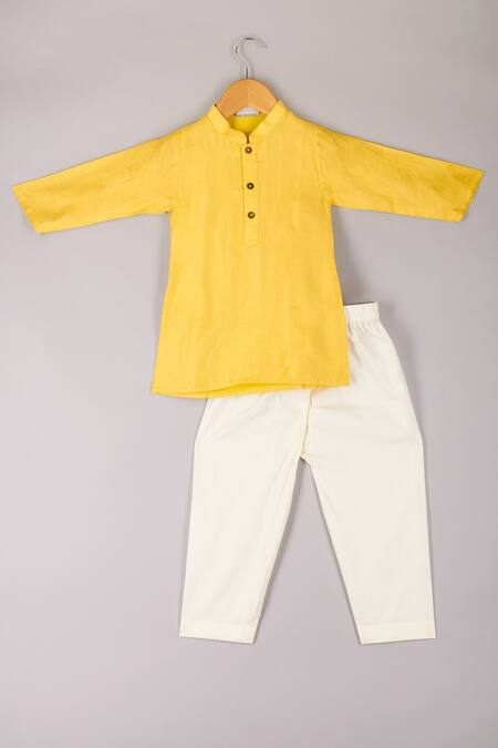 P & S CO_Yellow Silk Embroidery Bundi Kurta Set _Online_at_Aza_Fashions