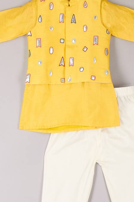 Buy_P & S CO_Yellow Silk Embroidery Bundi Kurta Set _Online_at_Aza_Fashions