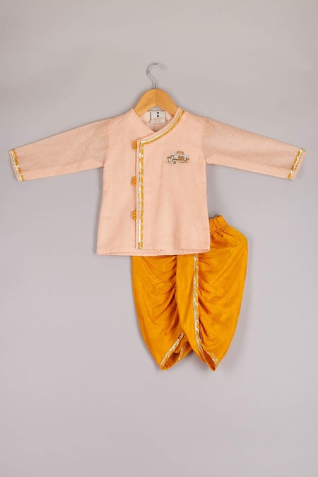 P & S CO Pink Kota Doria, Silk Embroidery Angrakha Kurta And Dhoti Pant Set 