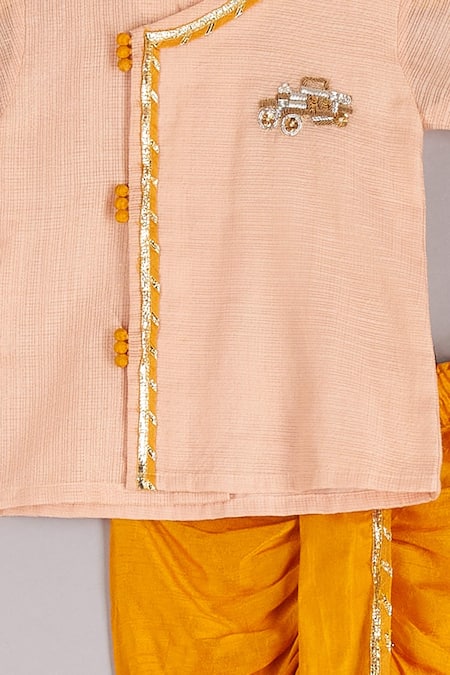 P & S CO Pink Kota Doria, Silk Embroidery Angrakha Kurta And Dhoti Pant Set Online at Aza Fashions P & S CO_Pink Kota Doria, Silk Embroidery Angrakha Kurta And Dhoti Pant Set _Online_at_Aza_Fashions