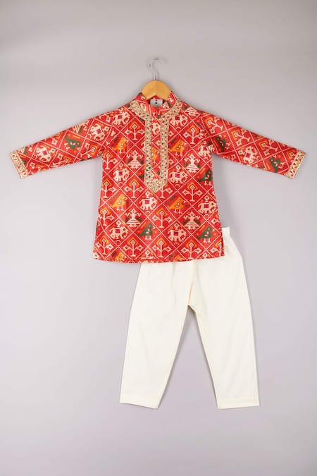 P & S Co Red Silk Printed Patola Kurta Set 