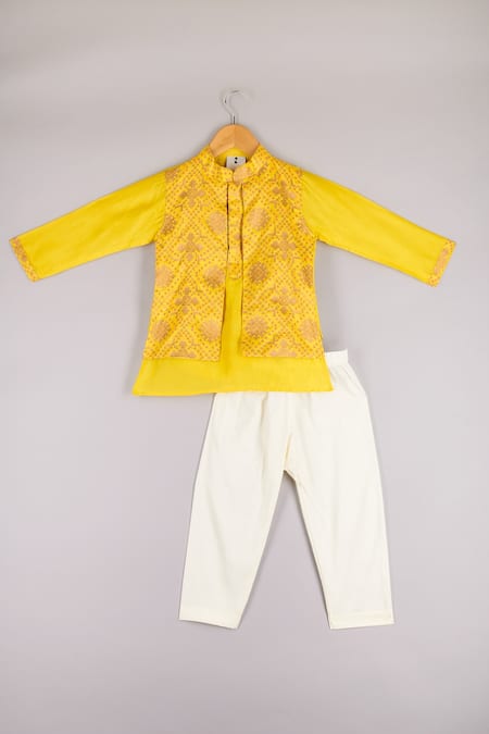 P & S CO Yellow Silk, Brocade, Cotton Embroidery Geometric Pattern Overlay Kurta Set 