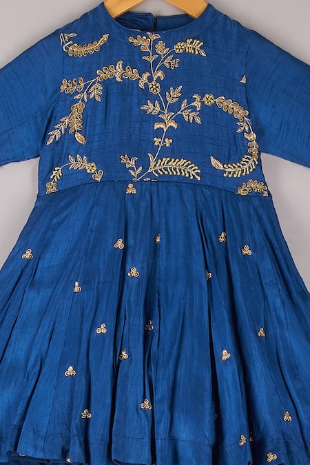 P & S CO Blue Silk Embroidery Zari Dress Online at Aza Fashions P & S CO_Blue Silk Embroidery Zari Dress _Online_at_Aza_Fashions
