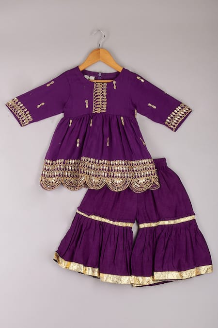 P & S CO Purple Organza, Muslin Sequins, Gota Patti, Bandhani Print Kurta And Sharara Set 