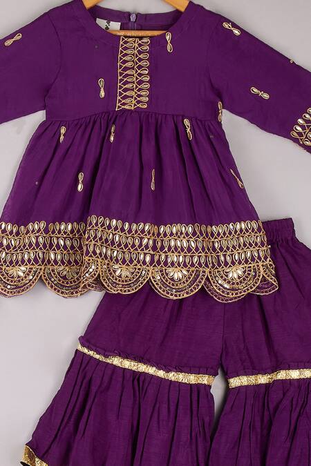 P & S CO_Purple Organza, Muslin Sequins, Gota Patti, Bandhani Print Kurta And Sharara Set _Online_at_Aza_Fashions