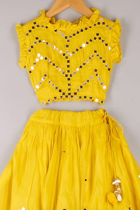 P & S CO_Yellow Organza Mirrors Embroidered Lehenga And Choli Set _Online_at_Aza_Fashions
