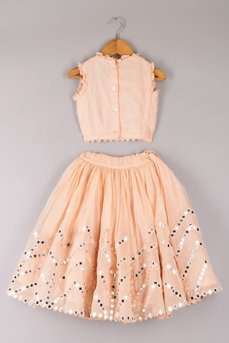 Shop P & S CO Peach Organza Mirrors, Fabric Flowers Embroidered Lehenga And Choli Set at Aza Fashions Shop_P & S CO_Peach Organza Mirrors, Fabric Flowers Embroidered Lehenga And Choli Set _at_Aza_Fashions