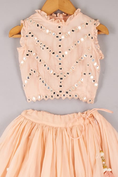 P & S CO Peach Organza Mirrors, Fabric Flowers Embroidered Lehenga And Choli Set Online at Aza Fashions P & S CO_Peach Organza Mirrors, Fabric Flowers Embroidered Lehenga And Choli Set _Online_at_Aza_Fashions