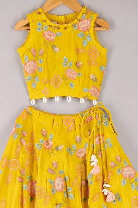 P & S CO_Yellow Organza Tassels Cross Stritch Embroidered Choli And Lehenga Set _Online_at_Aza_Fashions