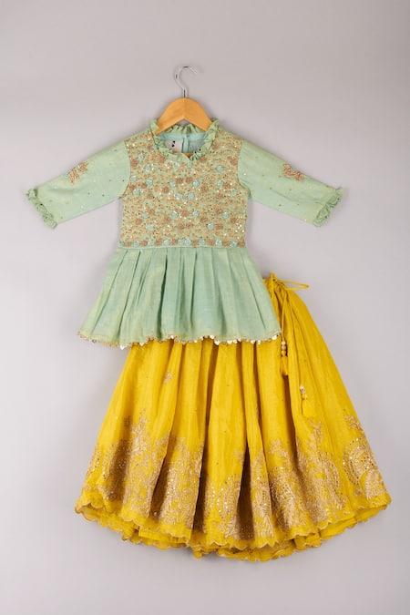 P & S CO Yellow Tissue, Net Embroidery, Sequins Peplum Kurta Lehenga Set Online at Aza Fashions P & S CO_Yellow Tissue, Net Embroidery, Sequins Peplum Kurta Lehenga Set _Online_at_Aza_Fashions