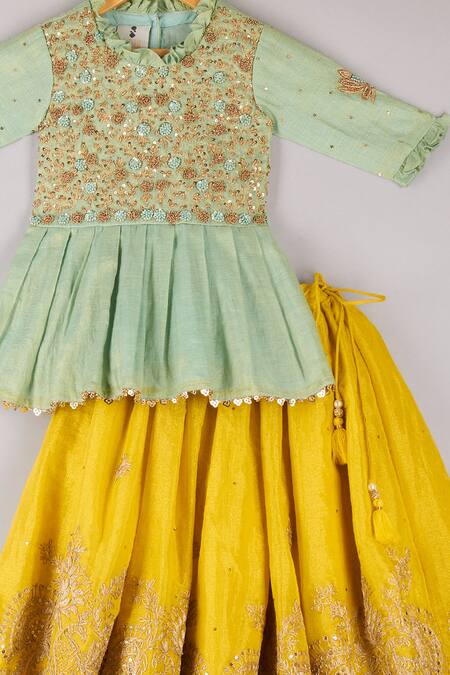 Buy P & S CO Yellow Tissue, Net Embroidery, Sequins Peplum Kurta Lehenga Set Online at Aza Fashions Buy_P & S CO_Yellow Tissue, Net Embroidery, Sequins Peplum Kurta Lehenga Set _Online_at_Aza_Fashions