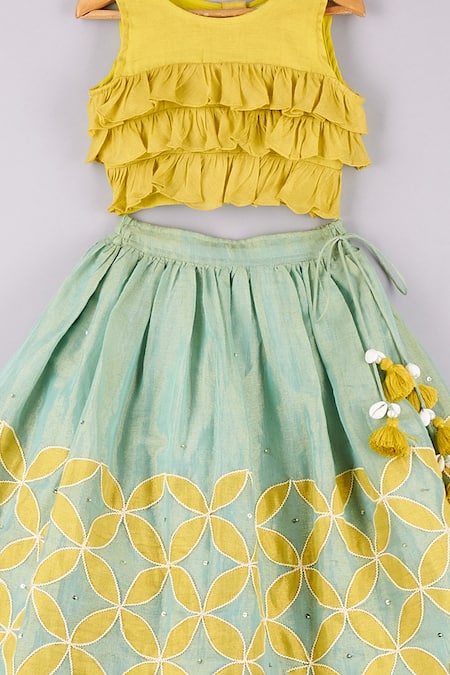 P & S CO Green Tissue Tassels, Patchwork, Ruffles Lehenga And Choli Set Online at Aza Fashions P & S CO_Green Tissue Tassels, Patchwork, Ruffles Lehenga And Choli Set _Online_at_Aza_Fashions