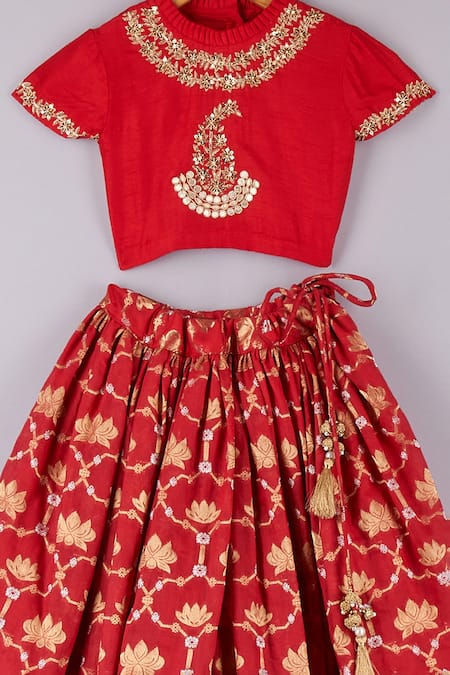 P & S CO_Red Silk, Brocade Sequins, Zari Lotus Lehenga And Choli Set _Online_at_Aza_Fashions