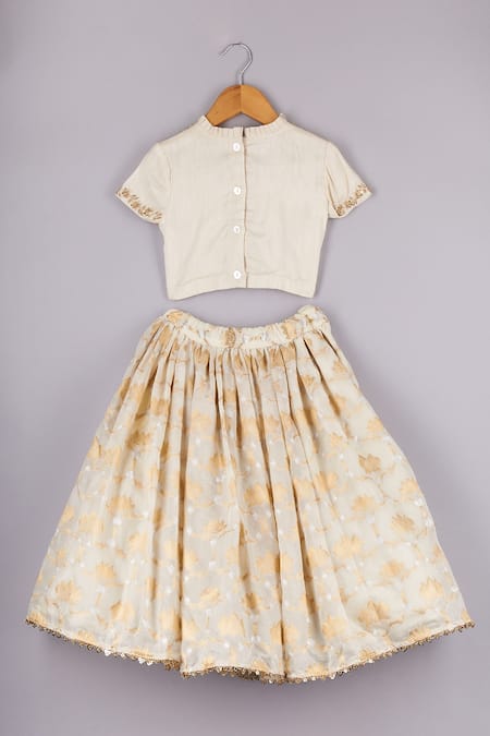 Shop P & S CO White Silk, Brocade Sequins, Zari Lotus Lehenga And Choli Set at Aza Fashions Shop_P & S CO_White Silk, Brocade Sequins, Zari Lotus Lehenga And Choli Set _at_Aza_Fashions