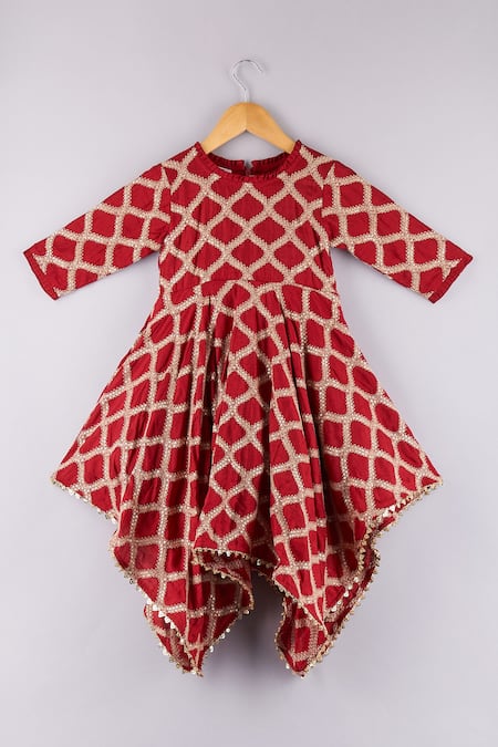 P & S CO Red Silk Sequins, Zari Embroidered Asymmetric Dress 