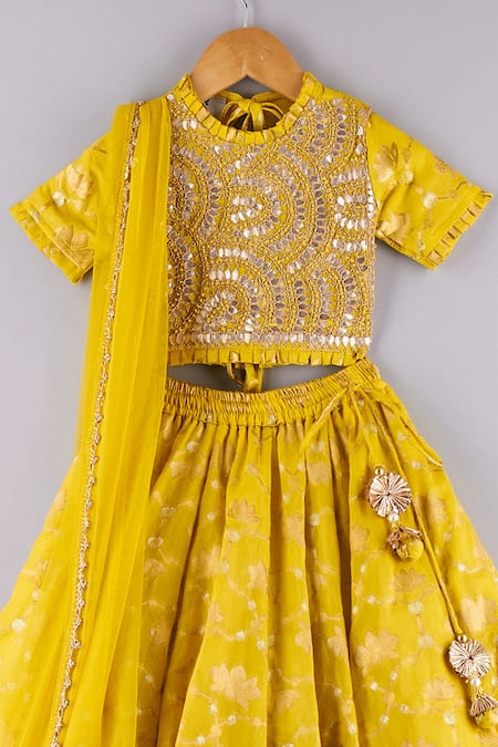 P & S CO_Yellow Brocade, Chiffon Gota Patti, Embroidery Banarasi Woven Lehenga Set _Online_at_Aza_Fashions