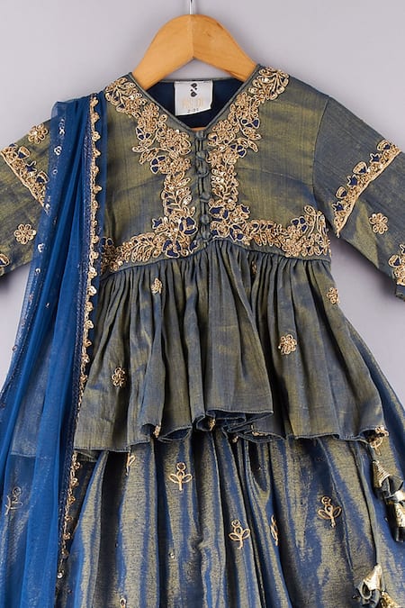 P & S CO_Blue Tissue Embroidery, Gota Patti Work Peplum Choli Lehenga Set _Online_at_Aza_Fashions