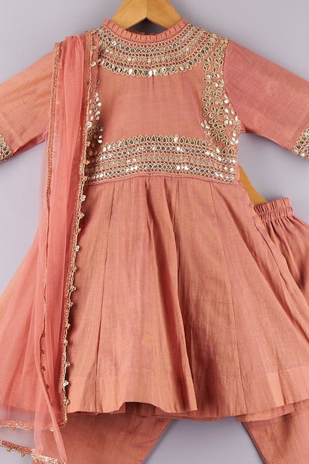 P & S CO_Peach Tissue Gota Patti, Embroidery Work Anarkali Set _Online_at_Aza_Fashions