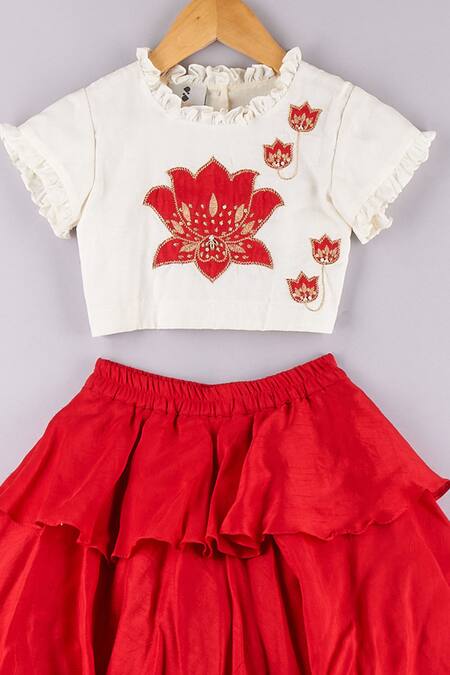 P & S CO_Red Silk Embroidery, Ruffles Choli And Lehenga Set_Online_at_Aza_Fashions