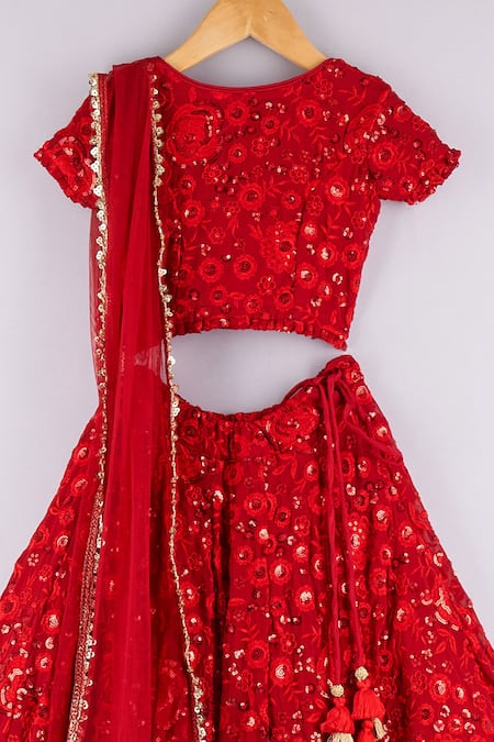 P & S CO_Red Georgette Sequins, Embroidery Floral Lehenga Set _Online_at_Aza_Fashions