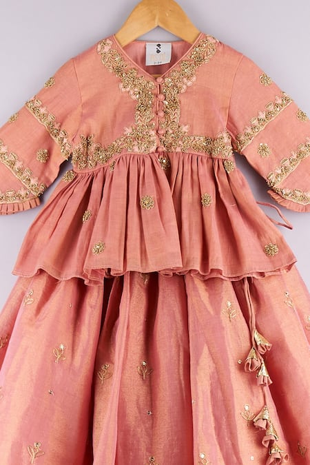 P & S CO Peach Tissue Embroidery, Gota Patti, Sequins Work Peplum Choli And Lehenga Set Online at Aza Fashions P & S CO_Peach Tissue Embroidery, Gota Patti, Sequins Work Peplum Choli And Lehenga Set _Online_at_Aza_Fashions
