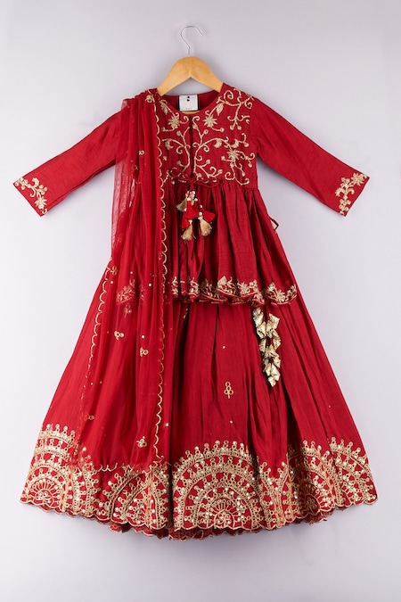P & S CO Red Silk, Net Embroidery, Sequins, Gota Patti Peplum Choli Lehenga Set 