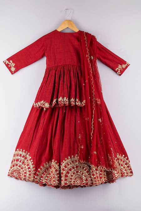 Shop_P & S Co_Red Silk, Net Embroidery, Sequins, Gota Patti Peplum Choli Lehenga Set _at_Aza_Fashions