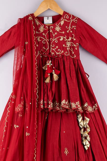 P & S Co_Red Silk, Net Embroidery, Sequins, Gota Patti Peplum Choli Lehenga Set _Online_at_Aza_Fashions