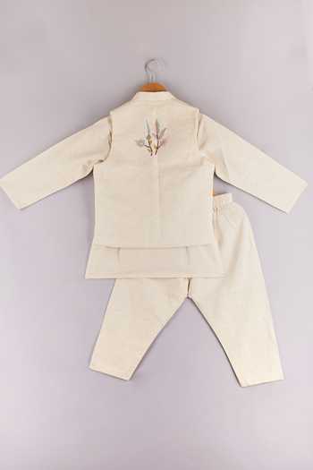 P & S CO Embroidered Off White Bundi Kurta Set 
