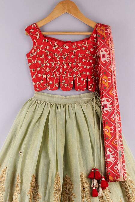 P & S CO_Green Silk, Tissue Embroidery, Tassels Floral Lehenga Set _Online_at_Aza_Fashions