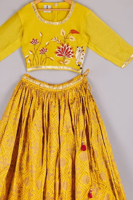 P & S CO_Yellow Chanderi, Brocade Sequins, Embroidery Floral Print Lehenga And Choli Set _Online_at_Aza_Fashions