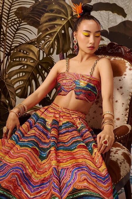 Payal & Zinal_Multi Color Imported Satin Mountain Print And Trims Square Neck Lehenga Set_Online_at_Aza_Fashions