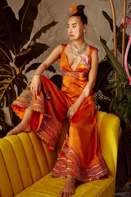 Payal & Zinal_Orange Gaji Silk , Bugle And Sequin V Placement Embroidered Jumpsuit _Online_at_Aza_Fashions