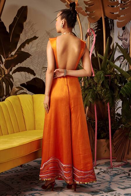 Buy_Payal & Zinal_Orange Gaji Silk , Bugle And Sequin V Placement Embroidered Jumpsuit _Online_at_Aza_Fashions