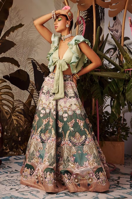 Payal & Zinal_Green Bamberg And Imported Cutdana, Floral Print, Pearls, Lehenga Set _Online_at_Aza_Fashions