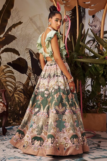 Buy_Payal & Zinal_Green Bamberg And Imported Cutdana, Floral Print, Pearls, Lehenga Set _Online_at_Aza_Fashions