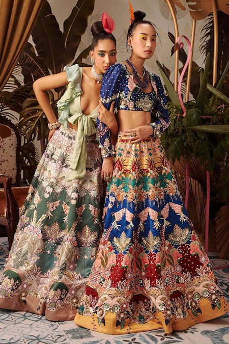 Shop_Payal & Zinal_Green Bamberg And Imported Cutdana, Floral Print, Pearls, Lehenga Set _Online_at_Aza_Fashions