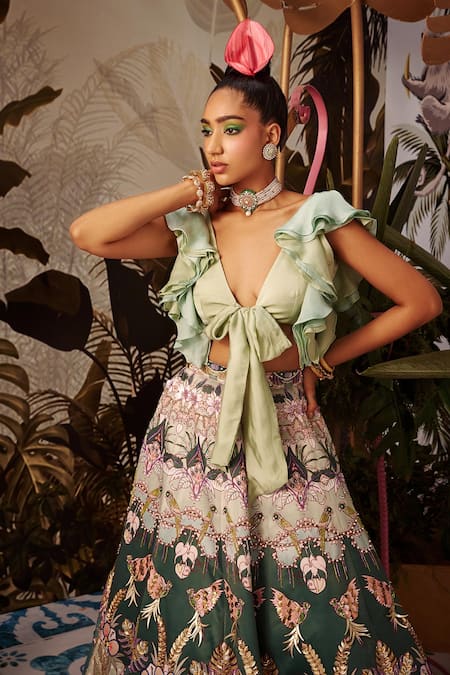 Payal & Zinal_Green Bamberg And Imported Cutdana, Floral Print, Pearls, Lehenga Set _at_Aza_Fashions